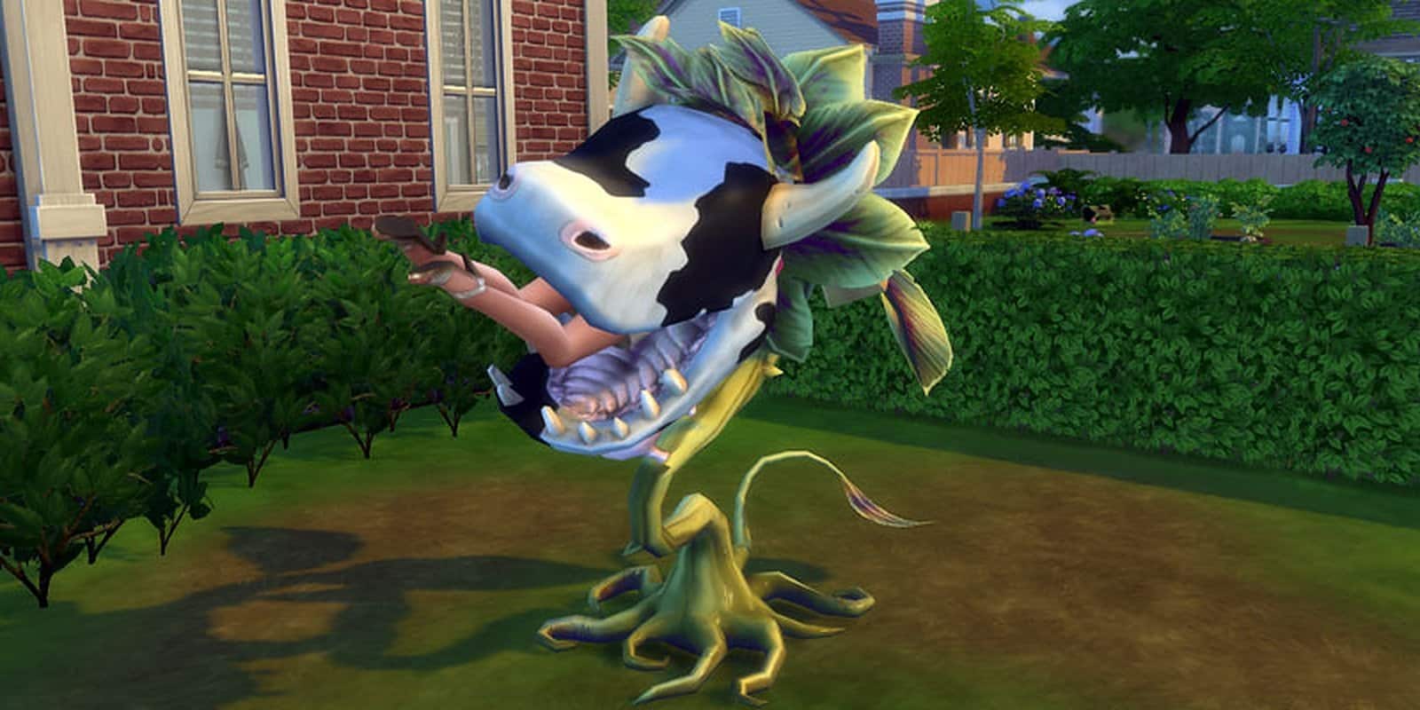 A Cowplant is eating a Sim in The Sims 4.
