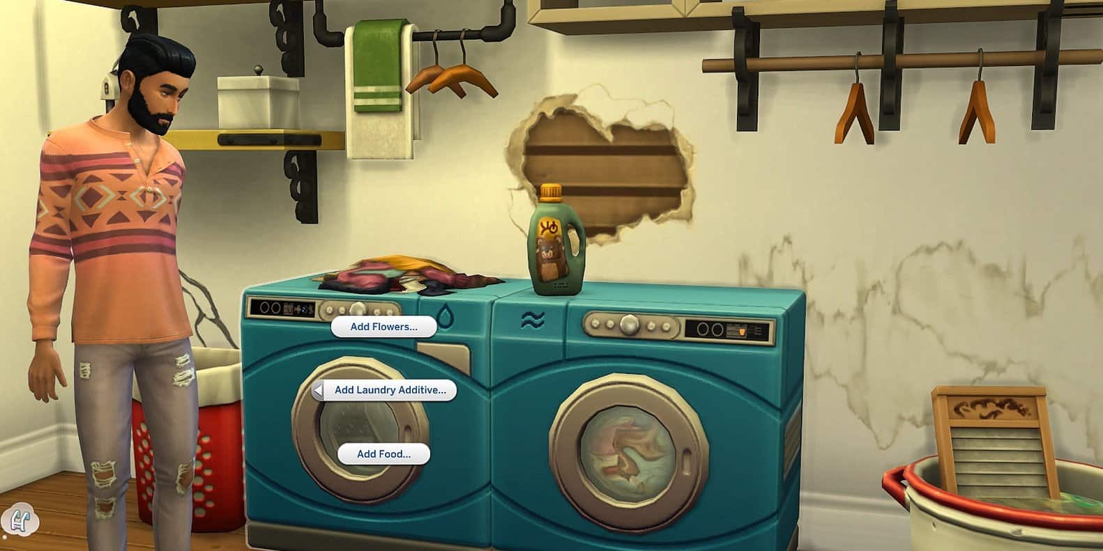 A Sim is doing laundry in The Sims 4.
