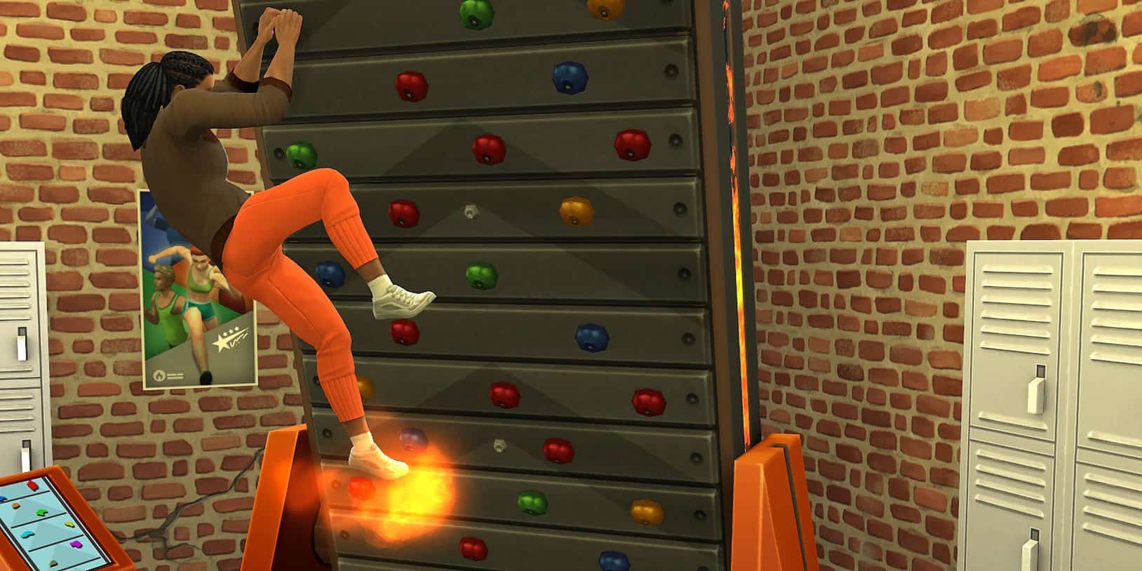 A Sim is doing the fiery climbing challenge in The Sims 4.