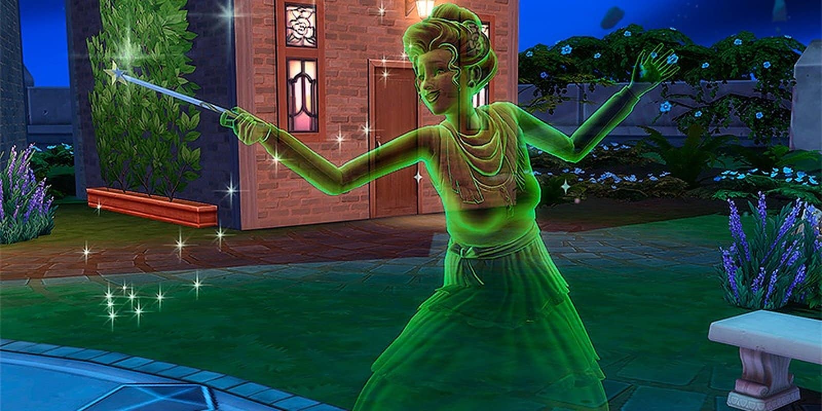A ghost Spellcaster is holding her wand in The Sims 4.