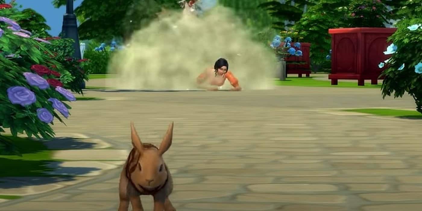 A rabbit attacks a Sim in The Sims 4.