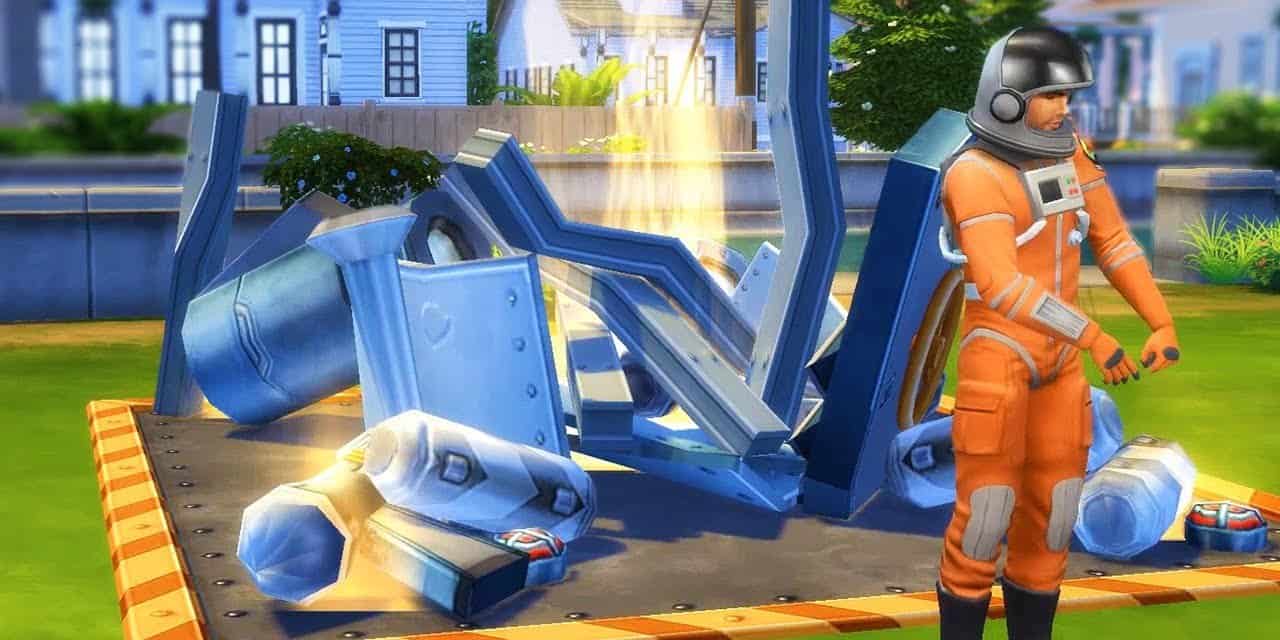 A rocket ship crashes in The Sims 4.