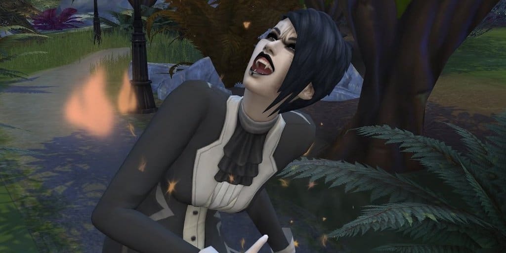 A vampire is burning to death in The Sims 4.