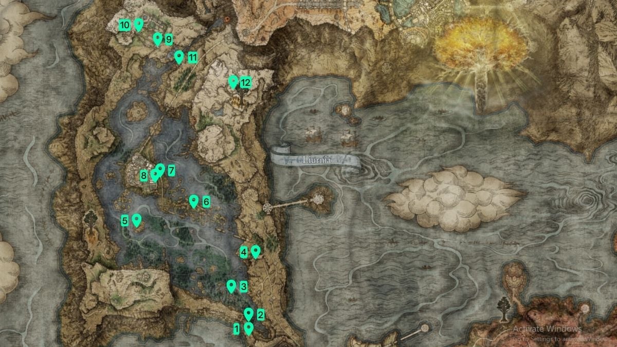All Cookbook Map Locations in Liurnia of the Lakes.