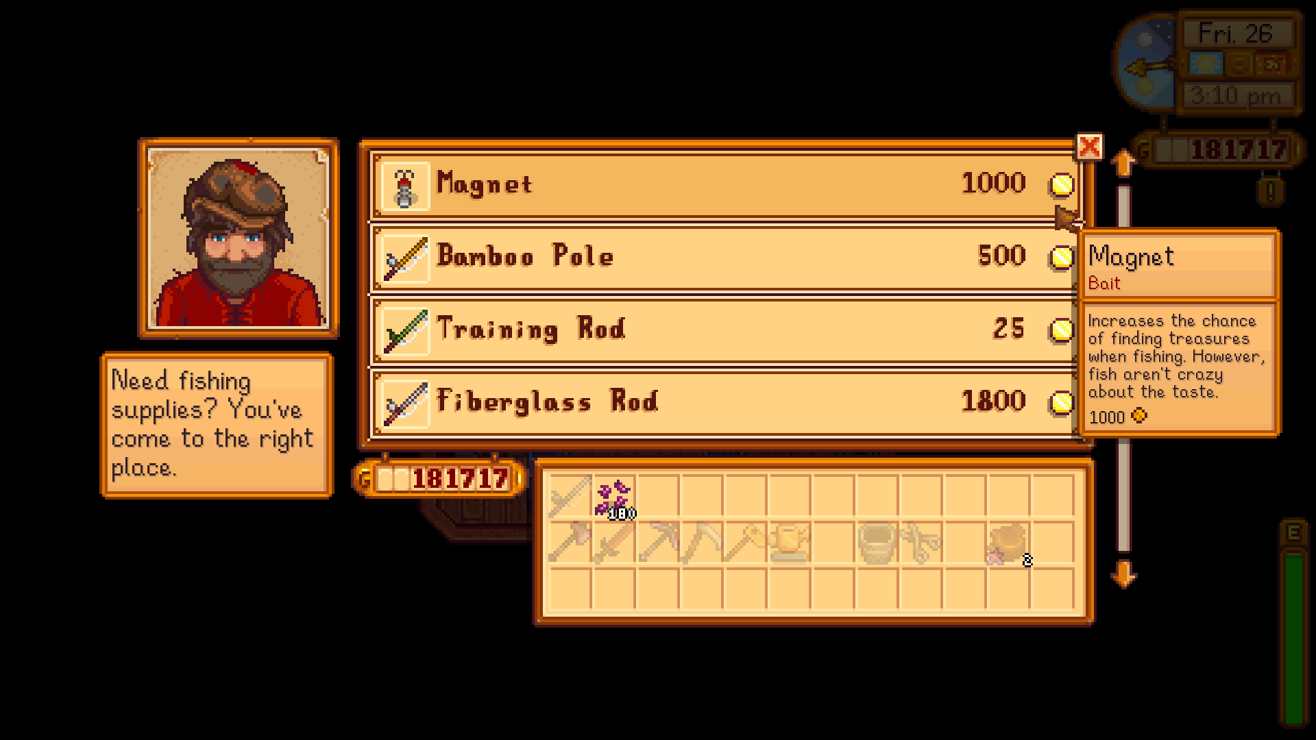 Buying a magnet from Willy in Stardew Valley.