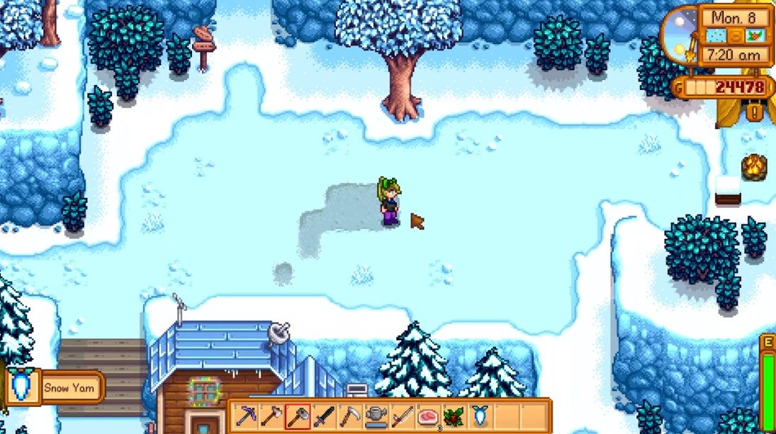 Digging up a Snow Yam in Stardew Valley.