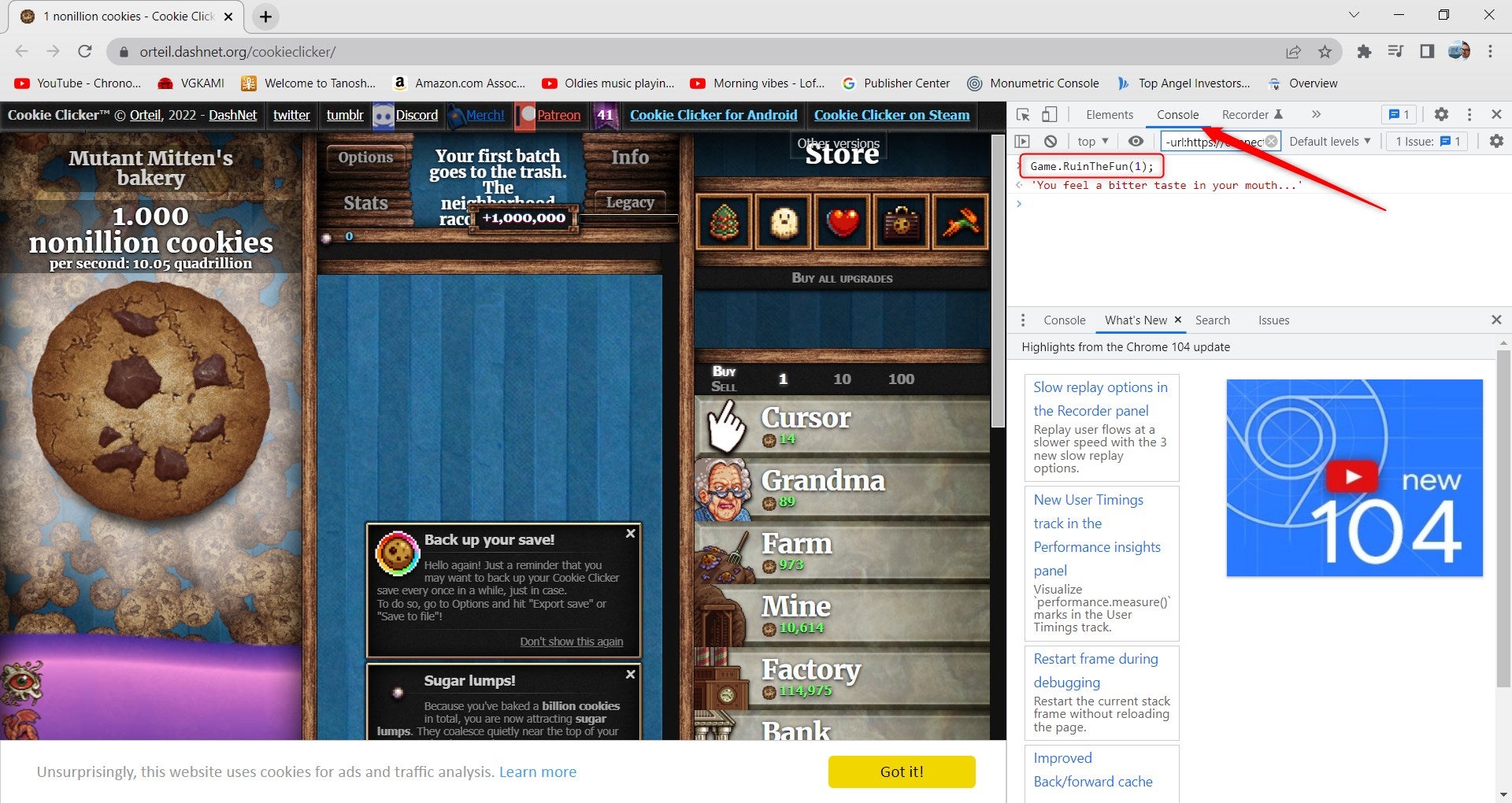 Enter code in Cookie Clicker in the browser.
