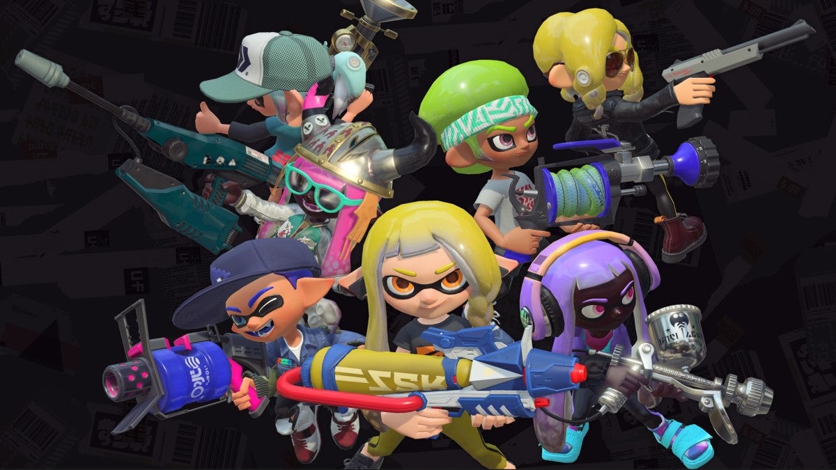 Characters from the upcoming Switch title Splatoon 3 with a collection of weapons.
