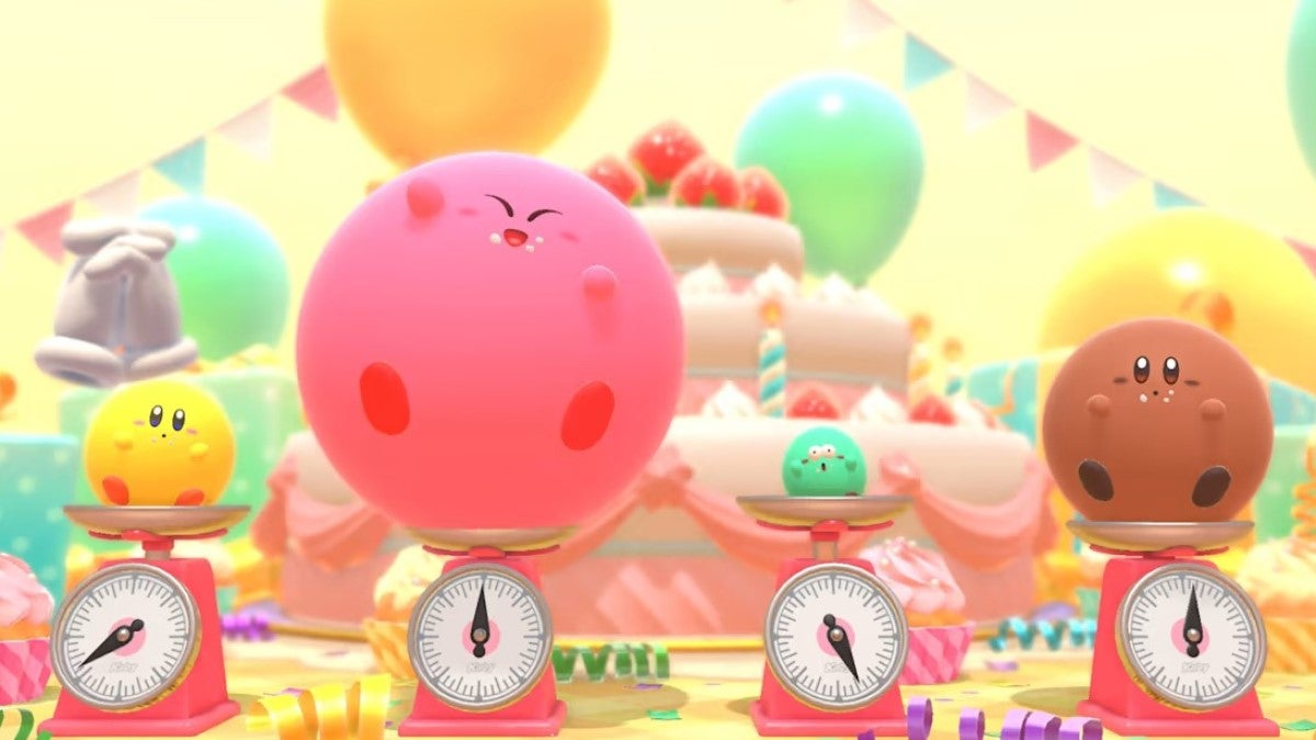 A screenshot from the adorable multiplayer game Kirby's Dream Buffet.