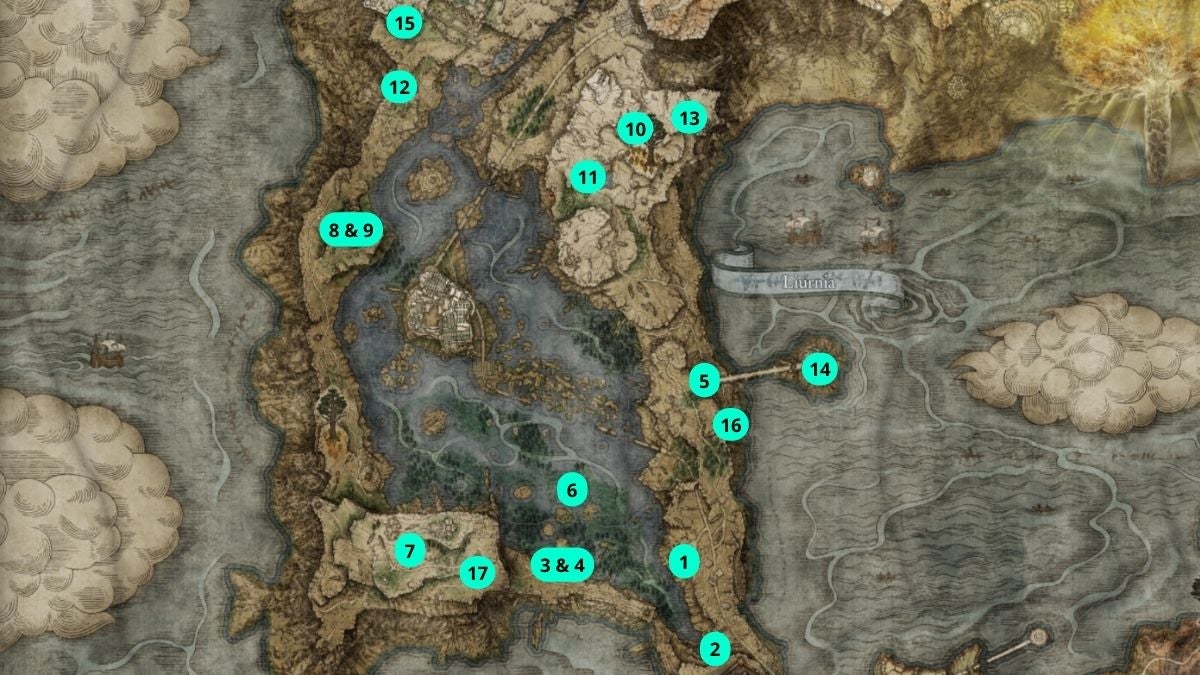 Talisman Map Locations in Liurnia of the Lakes.