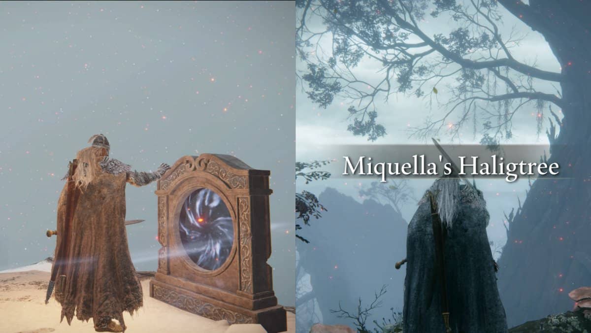 Tarnished teleporting to Miquella's Haligtree using a Waygate unlocked from the Ordina Liturgical Town Evergaol.