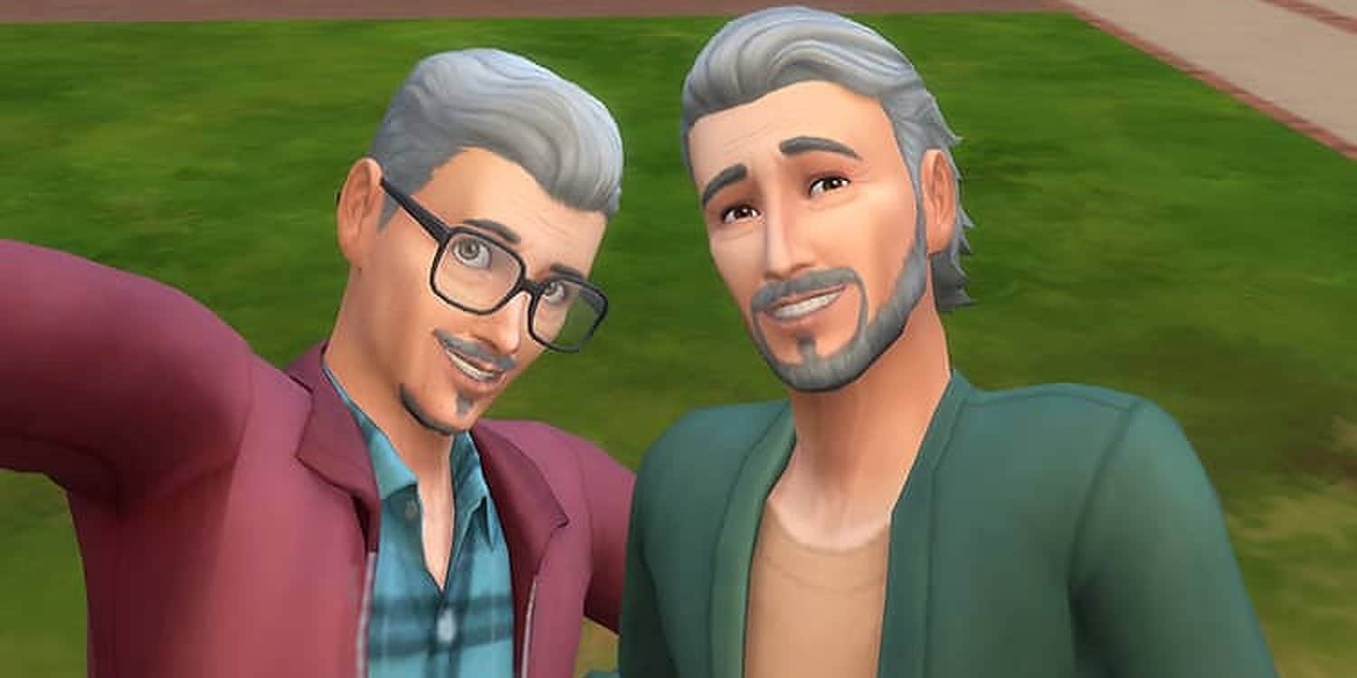Two elder Sims take a photo in The Sims 4.
