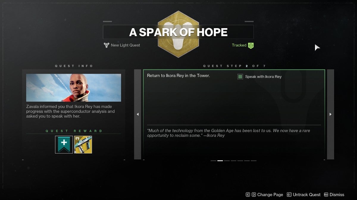 The quest menu telling the player to speak with Ikora Rey in the Tower.