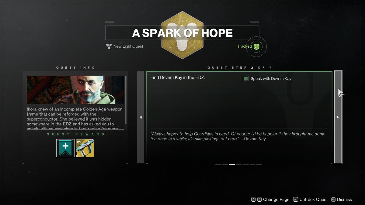 The third step in A Spark of Hope which tells the player to find Devrim Kay in the EDZ.