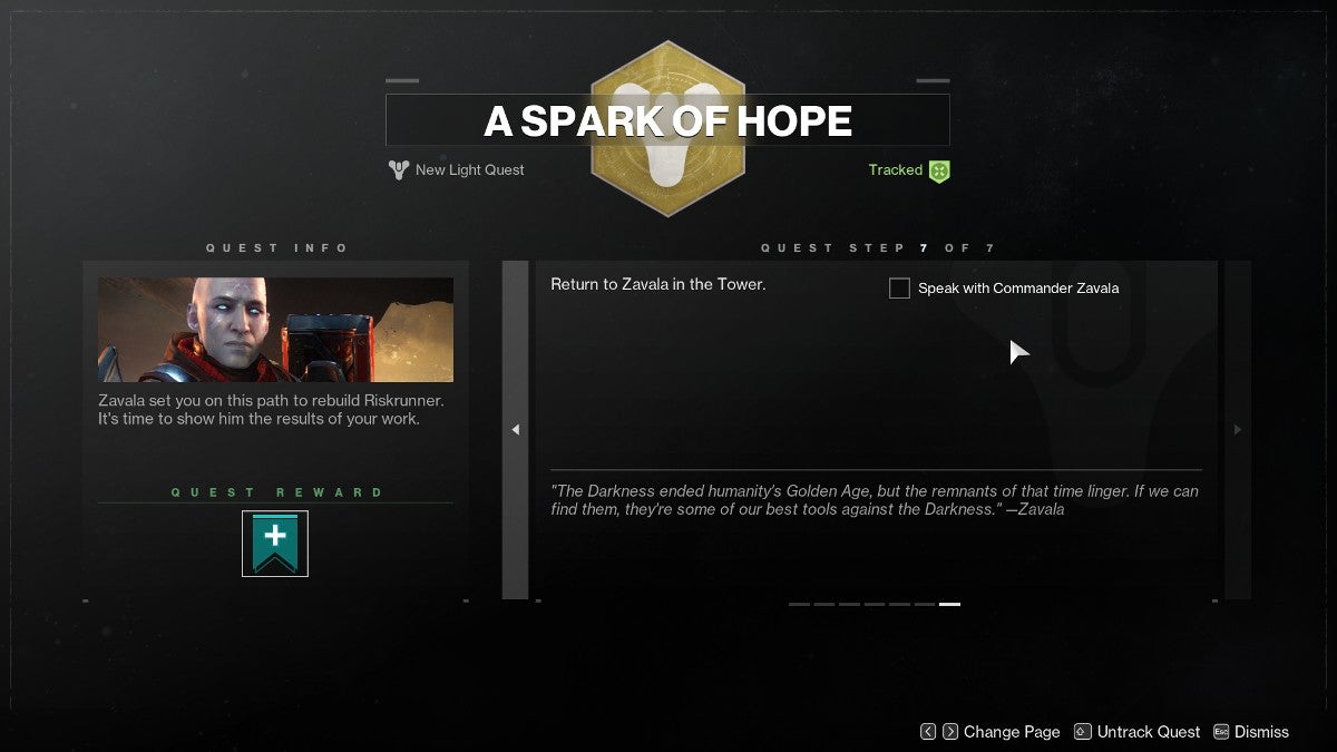 The player being told to return to Zavala to complete A Spark of Hope.