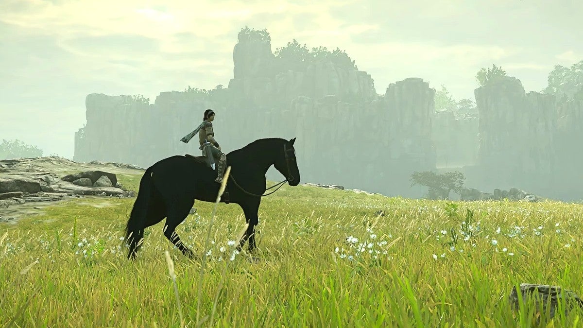 Shadow of the Colossus showing Wander riding his mount Agro through a green field in the video game.