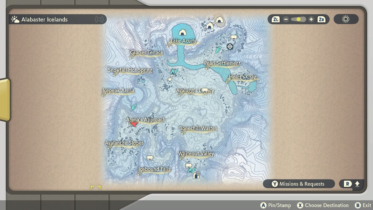 The player's location indicated by a red arrow near to the Arena's Approach area of the Alabaster Icelands.