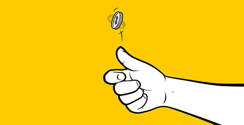 A hand flipping a coin in front of a yellow background. The simplest form of non-gaming RNG.