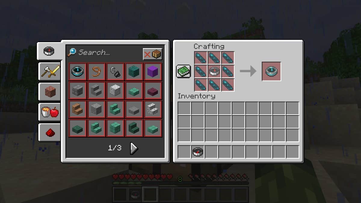 The crafting recipe to make a Recovery Compass, which uses one Compass and eight Echo Shards.