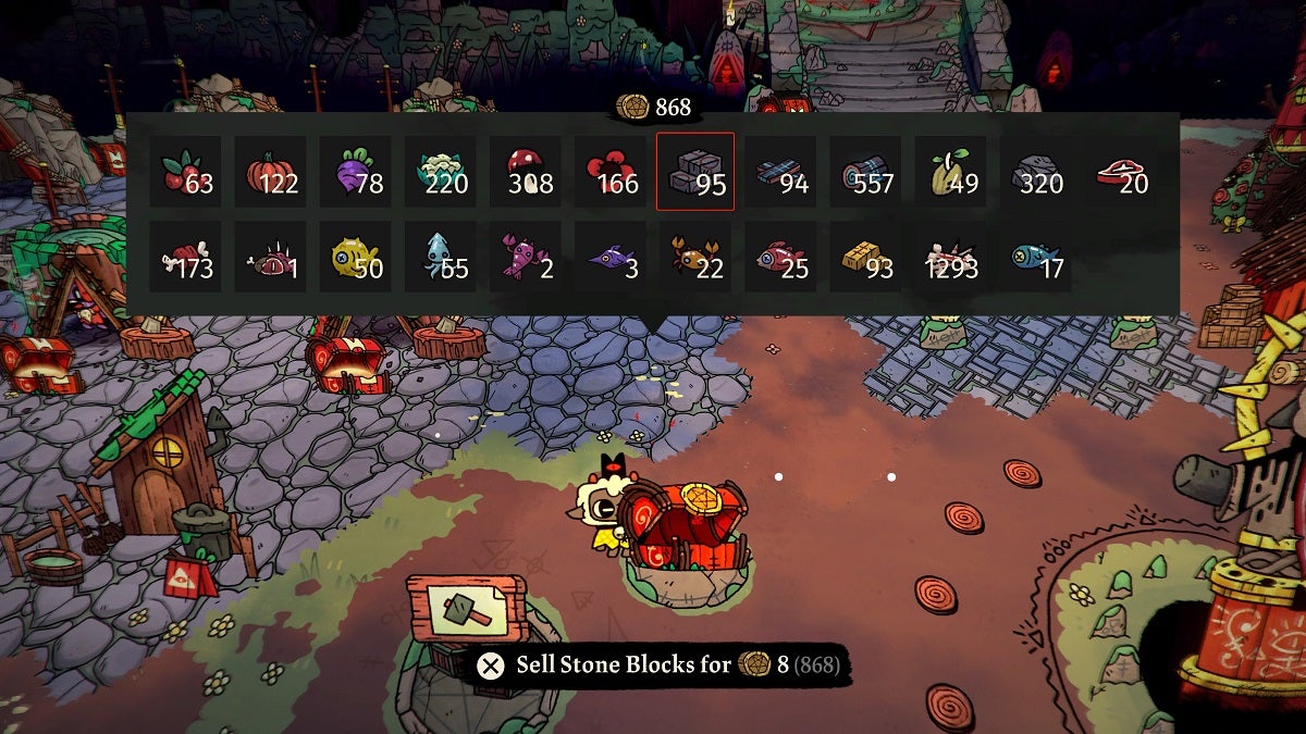 The lamb selling items in the Offering Chest in Cult of the Lamb.