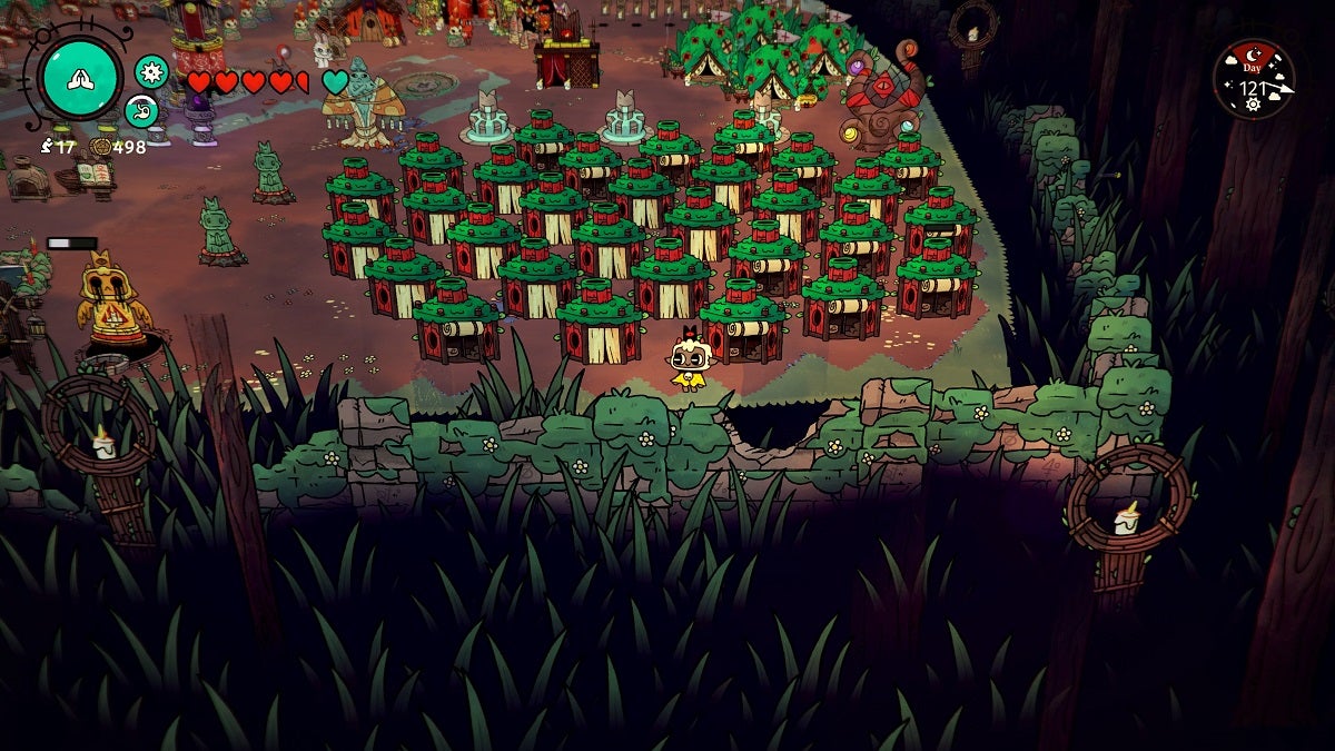 The lamb standing next to shelters in Cult of the Lamb.