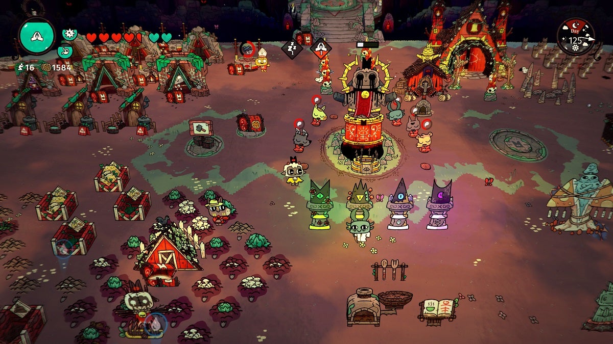 Multiple followers worshipping at the shrine in Cult of the Lamb.