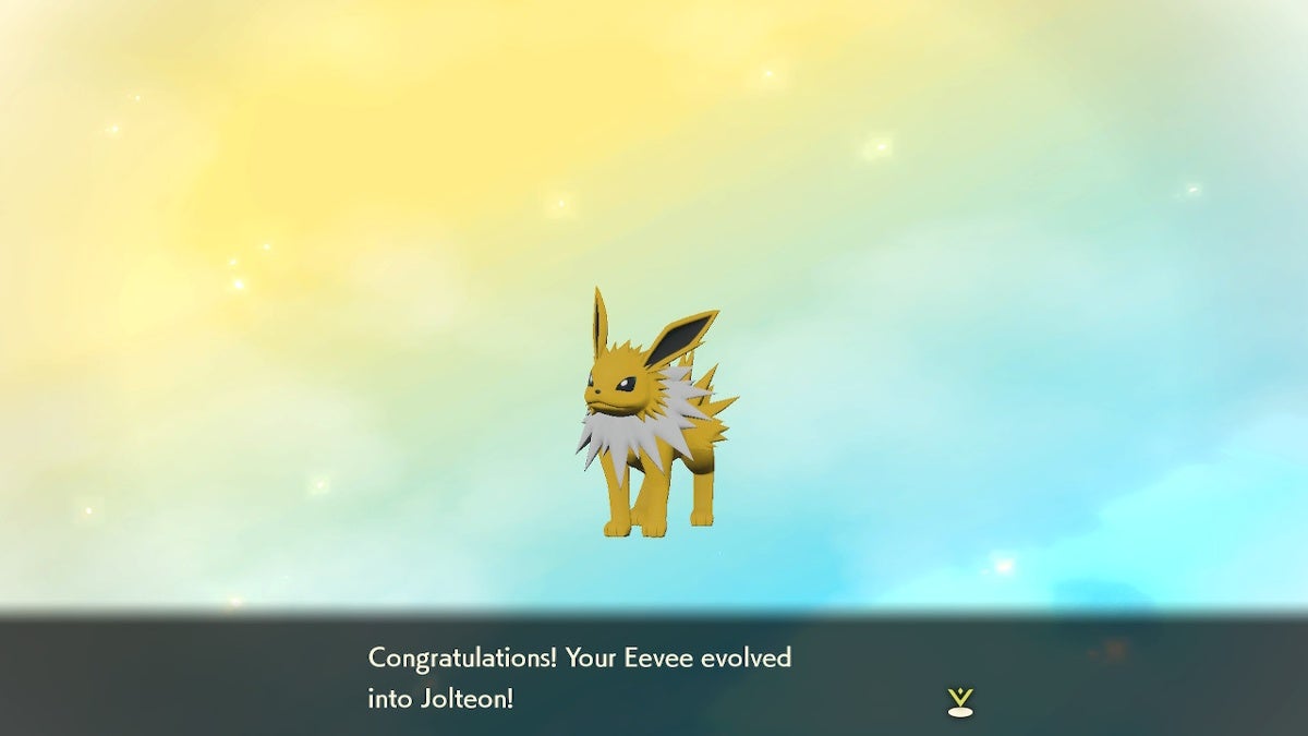 One of the Eevee evolutions. Jolteon is standing in front of a yellow and blue background with congratulatory text underneath them.
