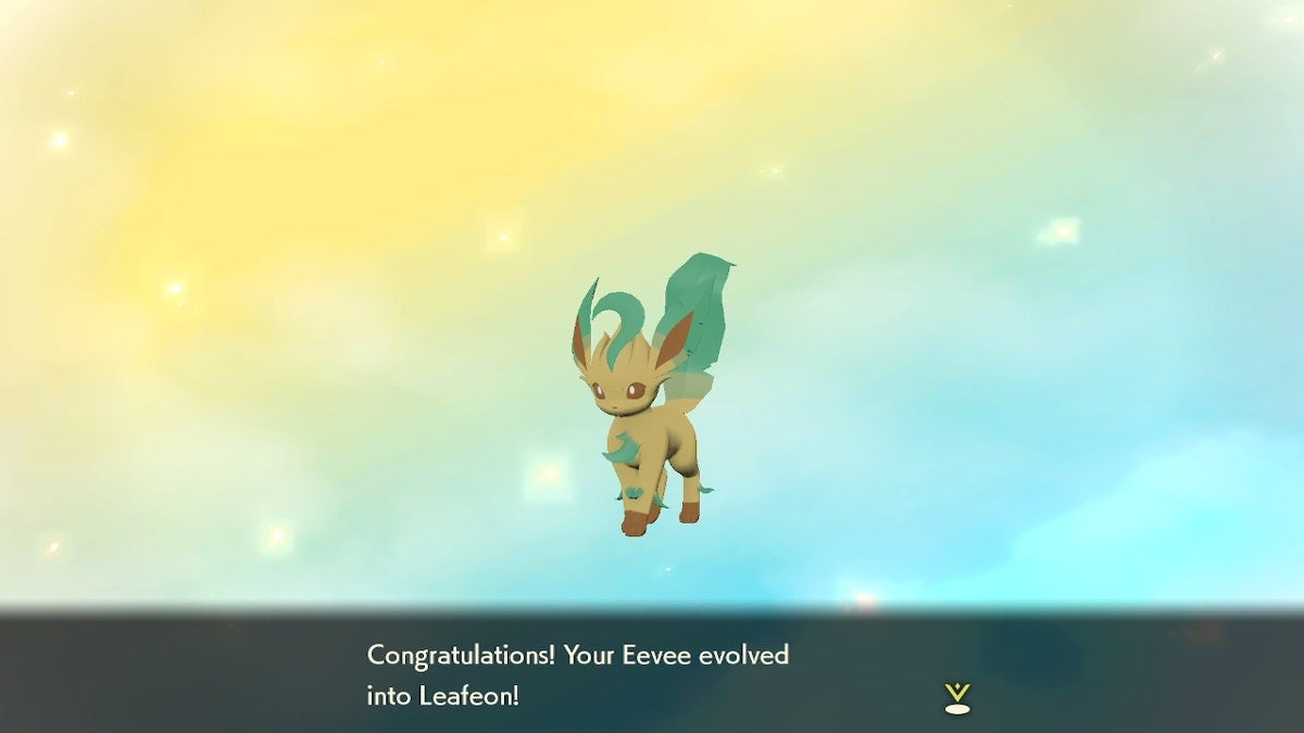 One of the Eevee evolutions. Leafeon is standing in front of a yellow and blue background with congratulatory text underneath them.