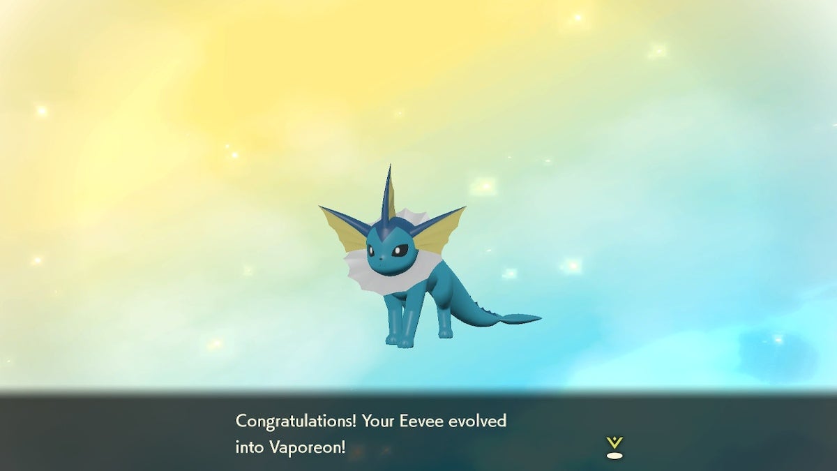 One of the Eevee evolutions. Vaporeon standing in front of a yellow and blue background with congratulatory text underneath them.