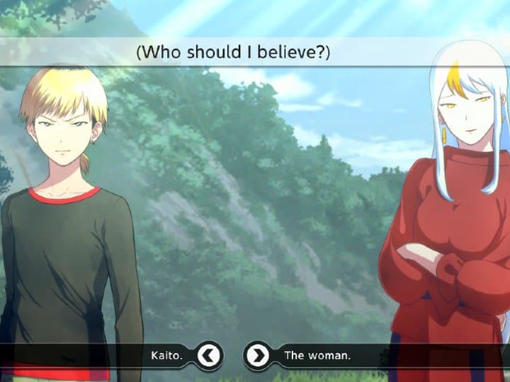 Kaito and the unfamiliar woman wearing red clothes standing next to one another.