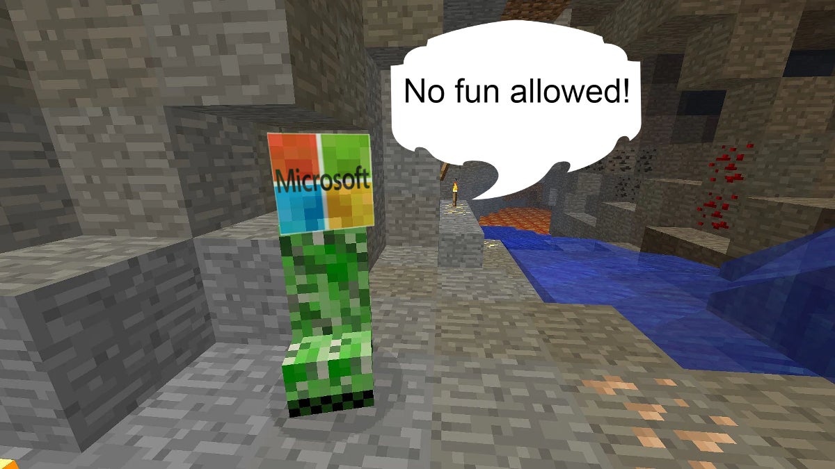 A creeper with the Microsoft logo on its face. The creeper has a speech bubble saying "no fun allowed!"