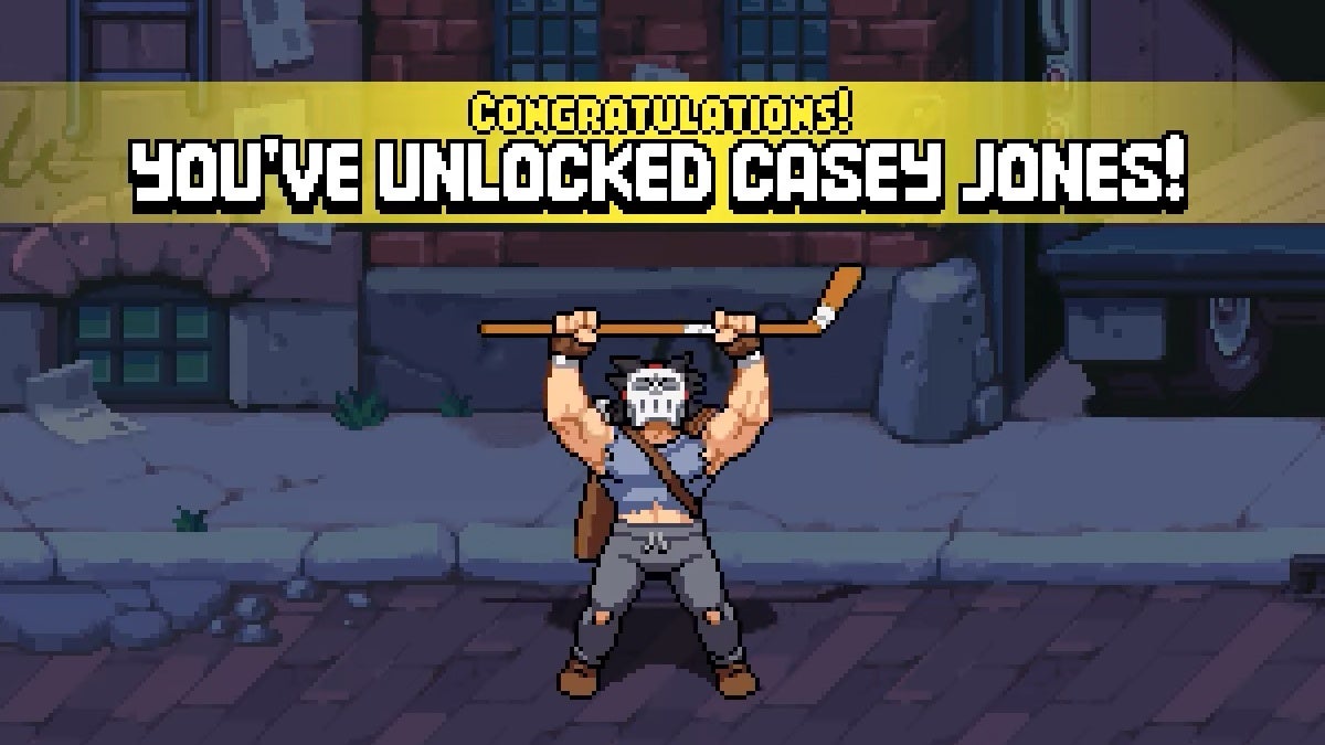 Casey Jones lifting a hockey stick over his head victoriously as the text above him indicates that he has been unlocked as a playable character.
