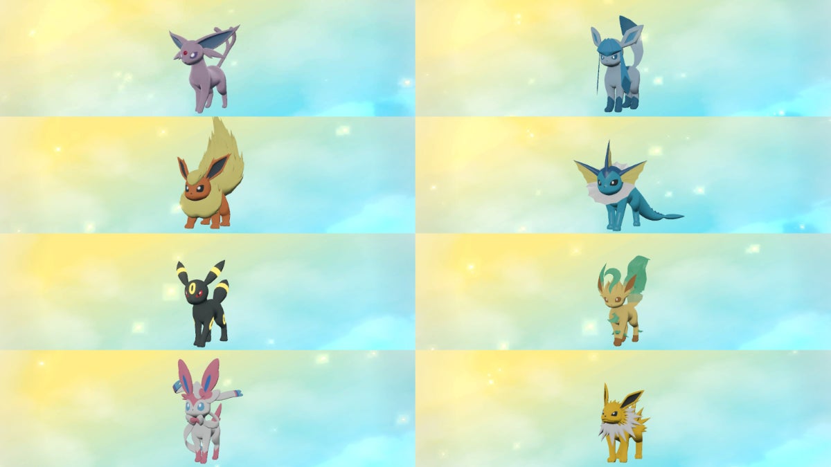 All of Eevee's evolutions placed next to each other in front of a yellow and blue background. In clockwise order, the Pokémon shown are: Glaceon, Vaporeon, Leafeon, Jolteon, Sylveon, Umbreon, Flareon, and Espeon.