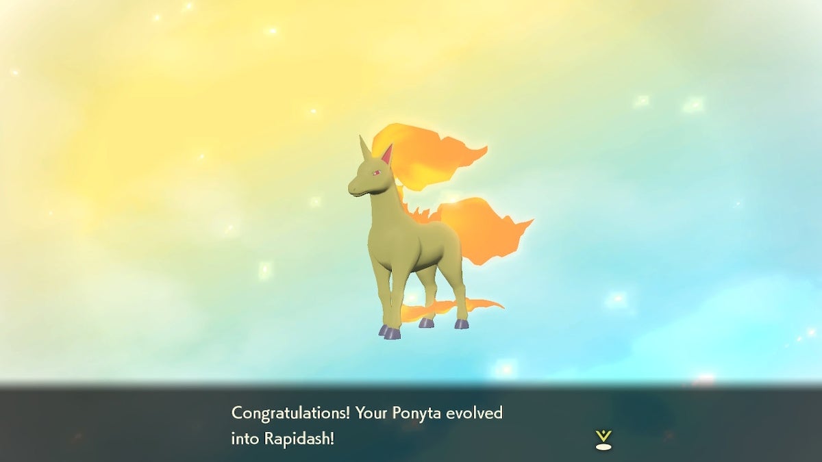 A Rapidash standing in front of a yellow and blue background with congratulatory text underneath them.