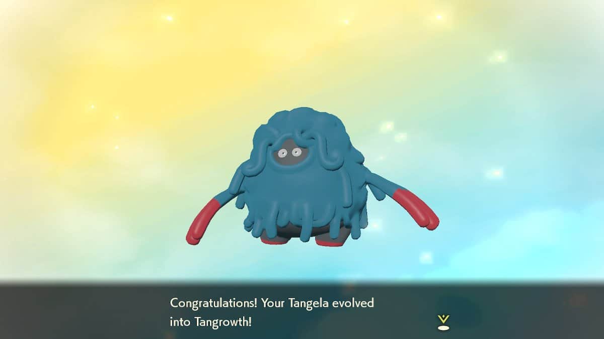 Tangrowth standing in front of a yellow and blue background with congratulatory text below it.