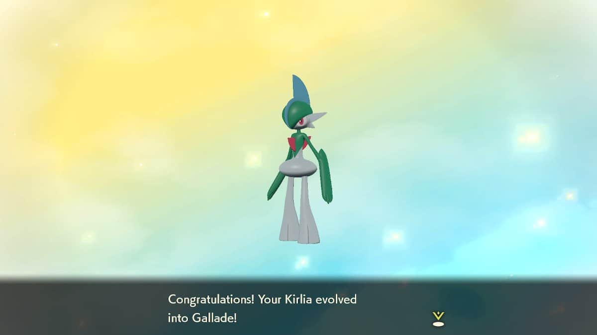 Gallade standing in front of a yellow and blue background with congratulatory text beneath them.