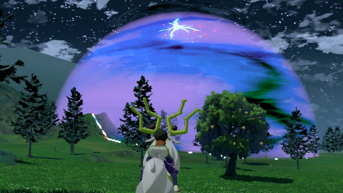 A player riding Wyrdeer at night and watching a Space-Time Distortion form.