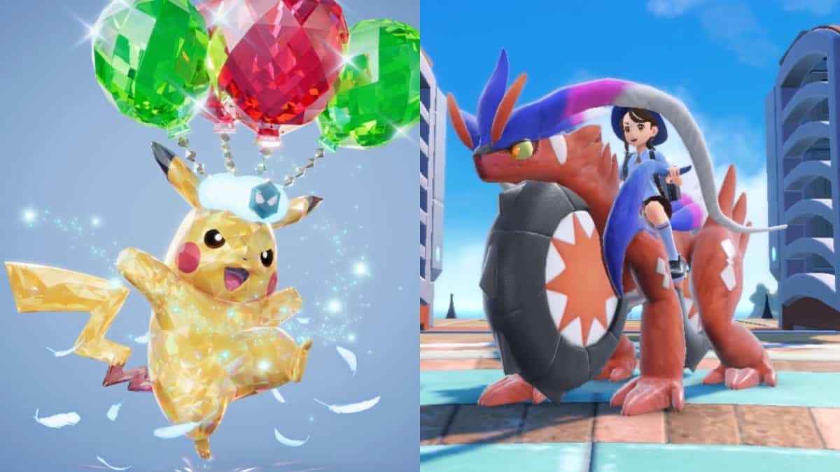 The left image is a Terastal Pikachu with a body made of crystals and the right image is a player riding a Koraidon in motorcycle mode.