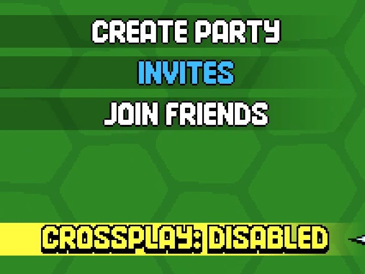 Close up of the Party Up menu showing the four options: create party, invites join friends, and crossplay.