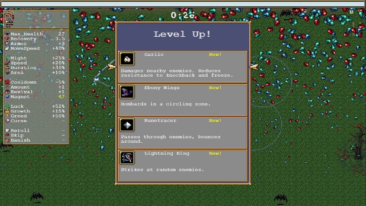 Choosing from four options when leveling up in Vampire Survivors.