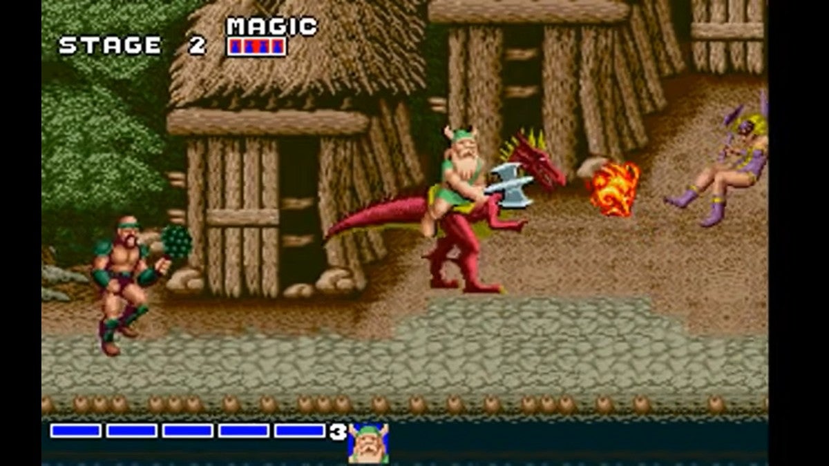 Player using the dwarf character to ride the dragon mount in this early arcade video game.