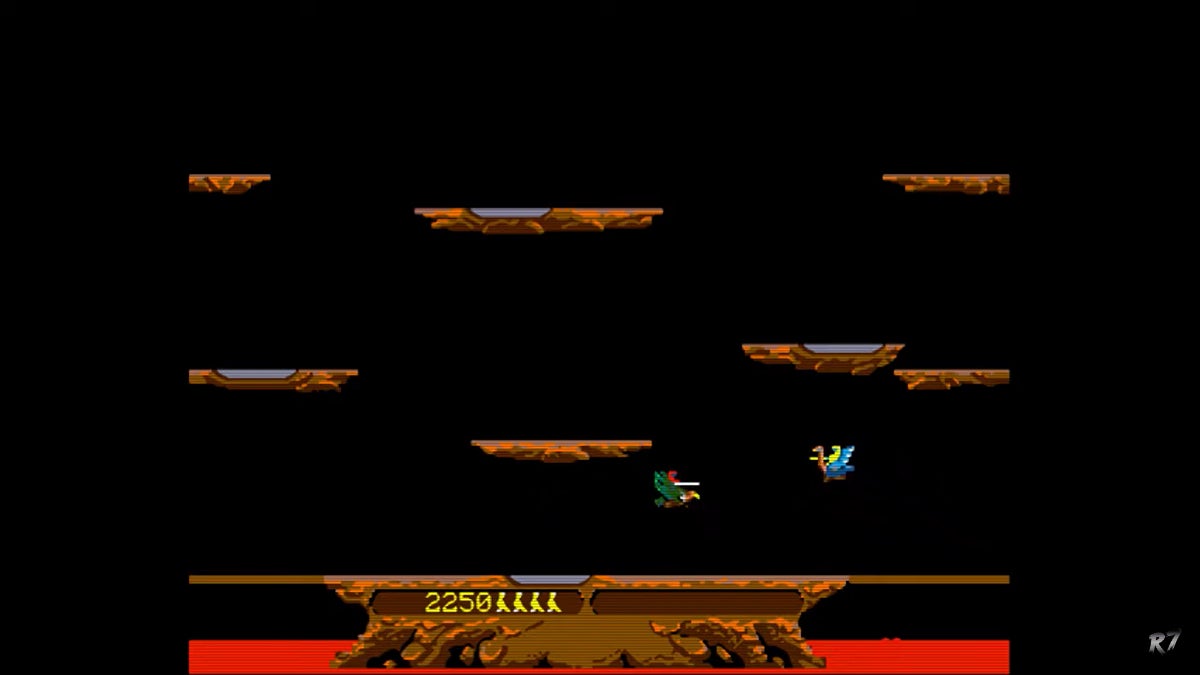 Two knights riding flying ostriches as mounts in an old video game with pixel graphics.