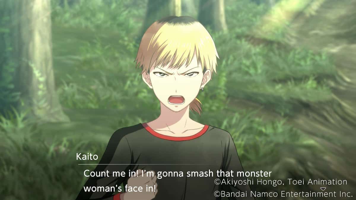 The blonde-haired Kaito saying he does not believe the unfamiliar woman and wants to punch her in the face.
