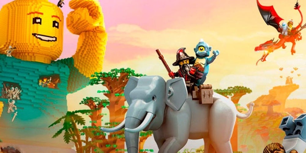 Official art for Lego Worlds: a Lego game like Minecraft. There is a player and their friend riding an elephant while a large yellow person looking into the distance in the background.