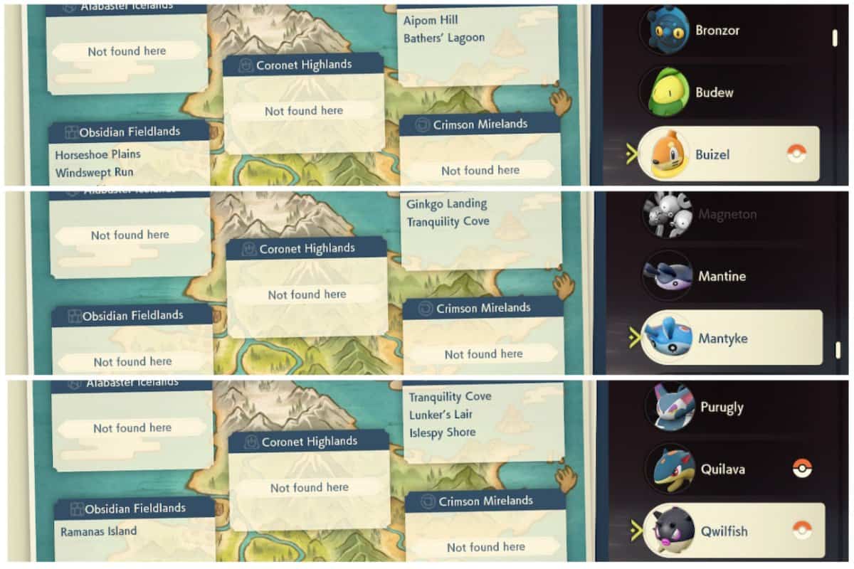 Locations where you can catch Buizel, Mantyke, and Qwilfish.