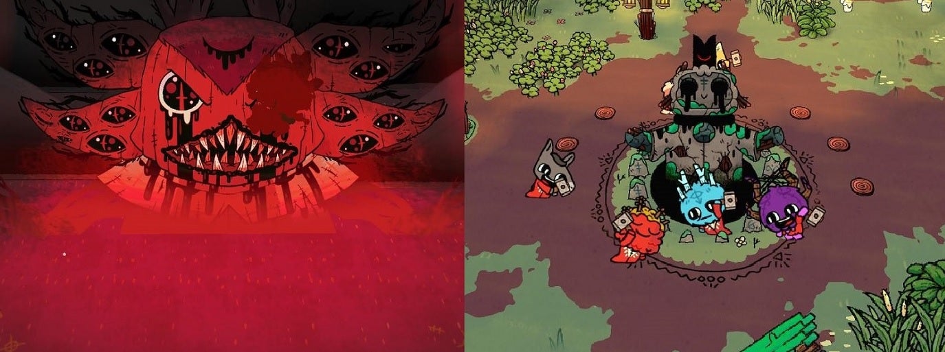 A boss featured on the left and followers building a shrine featured on the right.