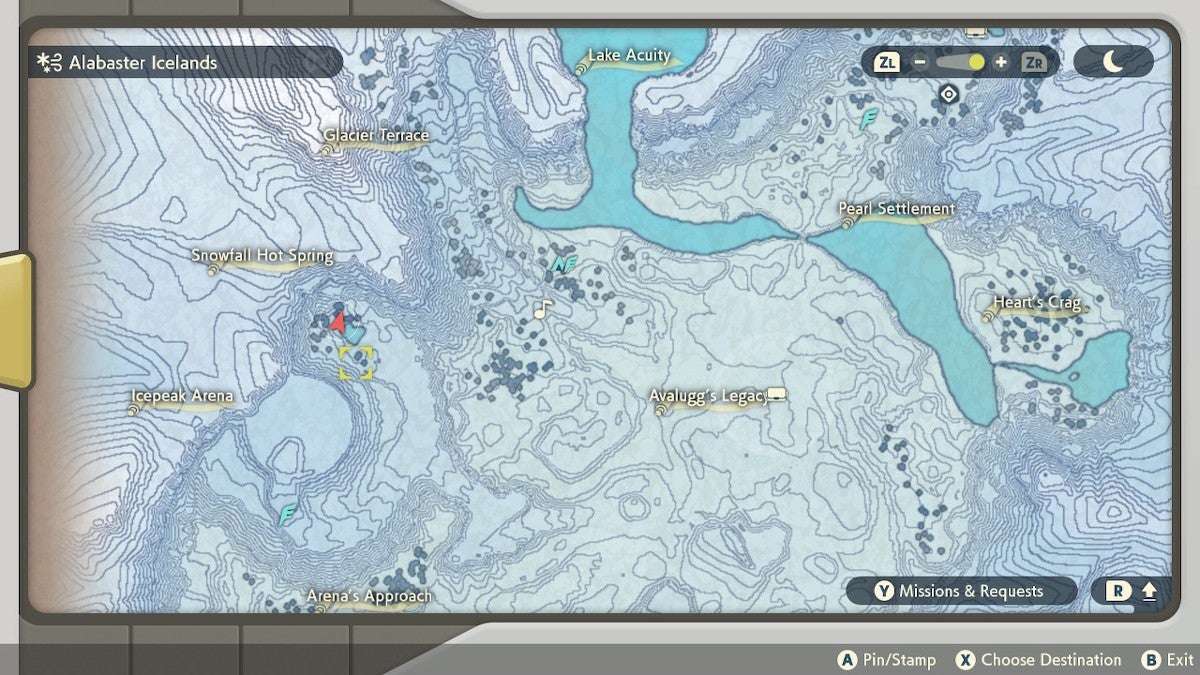 A player's red arrow located near the Snowfall Hot Spring area on the Alabaster Icelands map.