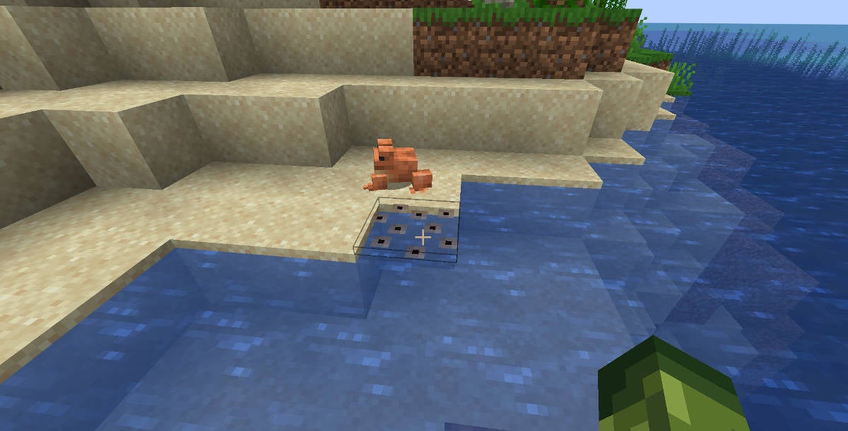 Frogspawn in the water next to an orange Frog. The player is trying to breed Frogs.