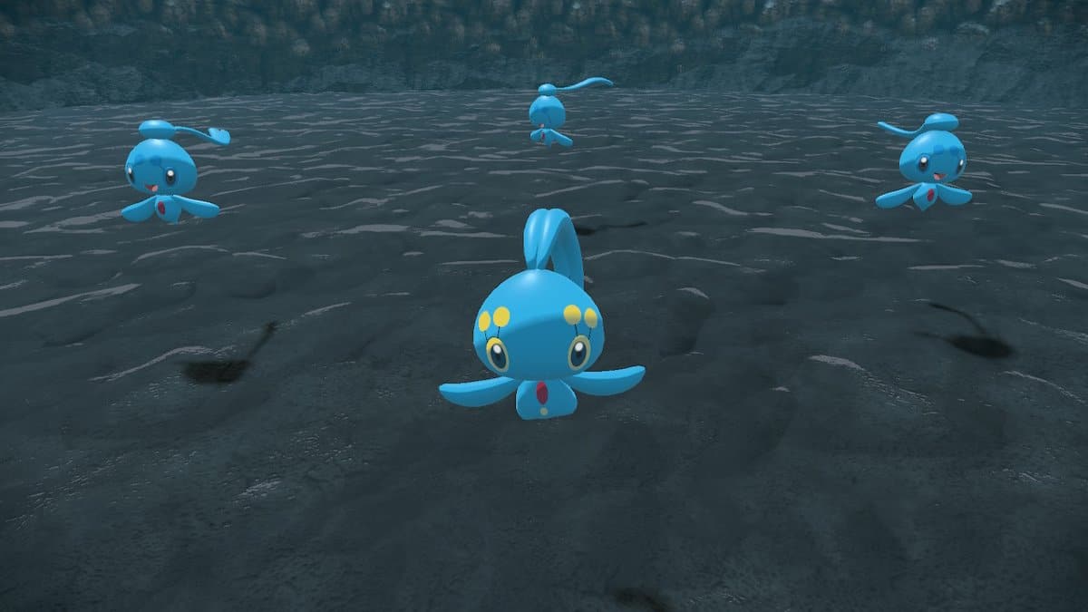 The player trying to catch Manaphy and Phione in a cave with three Phione and one Manaphy.
