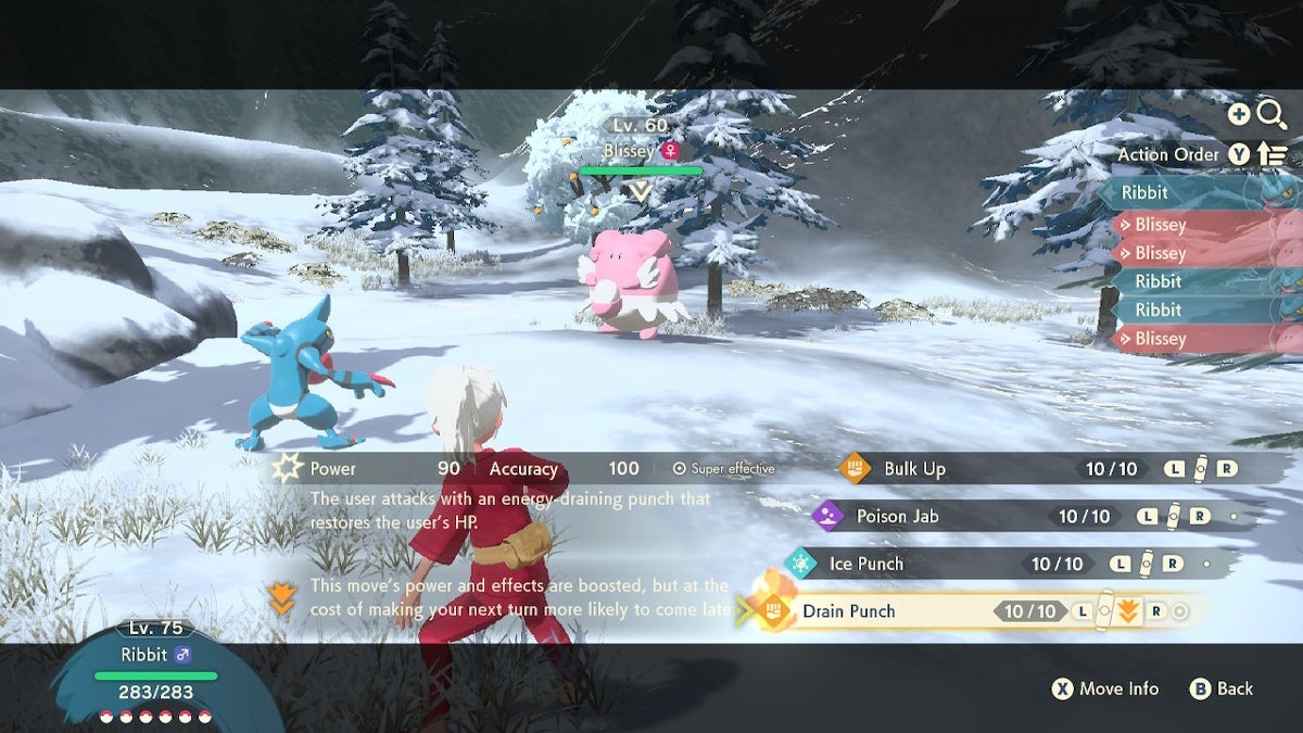 A player battling a wild Blissey with a Toxicroak in a snowy area.